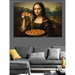 Pizza Yiyen Mona Lisa Dekoratif Kanvas - Mdf Ahşap Tablo 35x50 cm