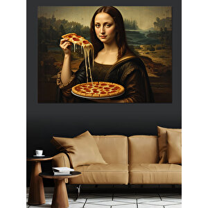 Pizza Yiyen Mona Lisa Dekoratif Kanvas - Mdf Ahşap Tablo
