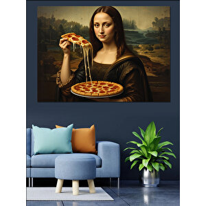Pizza Yiyen Mona Lisa Dekoratif Kanvas - Mdf Ahşap Tablo
