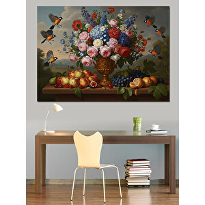 Renkli Çiçekli Sofra Düzeni Dekoratif Kanvas - Mdf Ahşap Tablo 25x35 cm