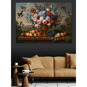 Renkli Çiçekli Sofra Düzeni Dekoratif Kanvas - Mdf Ahşap Tablo 50x70 cm
