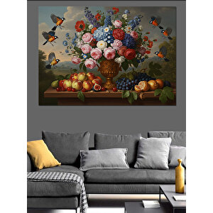 Renkli Çiçekli Sofra Düzeni Dekoratif Kanvas - Mdf Ahşap Tablo 70x100 cm