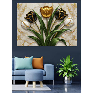 Altın Siyah Lale Çiçekleri Dekoratif Kanvas - Mdf Ahşap Tablo 50x70 cm