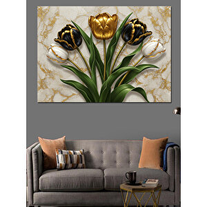 Altın Siyah Lale Çiçekleri Dekoratif Kanvas - Mdf Ahşap Tablo 50x70 cm