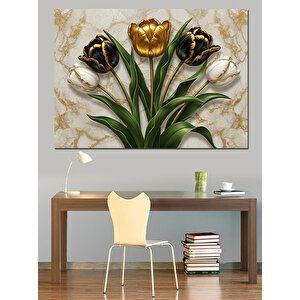 Altın Siyah Lale Çiçekleri Dekoratif Kanvas - Mdf Ahşap Tablo 50x70 cm