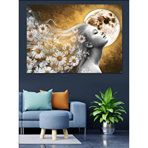 Beyaz Çiçeklerden Kadın Silueti Dekoratif Kanvas - Mdf Ahşap Tablo 100x140 cm