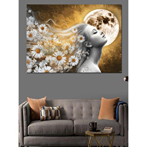 Beyaz Çiçeklerden Kadın Silueti Dekoratif Kanvas - Mdf Ahşap Tablo 100x140 cm