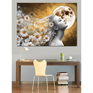 Beyaz Çiçeklerden Kadın Silueti Dekoratif Kanvas - Mdf Ahşap Tablo 100x140 cm