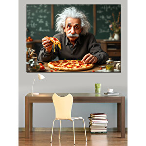 Pizza Yiyen Einstein Dekoratif Kanvas - Mdf Ahşap Tablo 35x50 cm