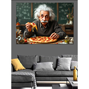 Pizza Yiyen Einstein Dekoratif Kanvas - Mdf Ahşap Tablo 35x50 cm