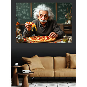 Pizza Yiyen Einstein Dekoratif Kanvas - Mdf Ahşap Tablo 35x50 cm