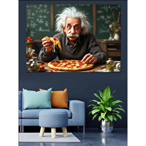 Pizza Yiyen Einstein Dekoratif Kanvas - Mdf Ahşap Tablo