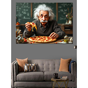 Pizza Yiyen Einstein Dekoratif Kanvas - Mdf Ahşap Tablo