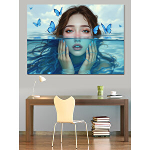Mavi Kelebekli Su Altı Kadın Dekoratif Kanvas - Mdf Ahşap Tablo 50x70 cm