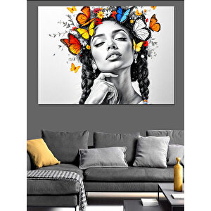 Çiçekli Siyah Beyaz Kadın Dekoratif Kanvas - Mdf Ahşap Tablo 100x140 cm