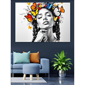 Çiçekli Siyah Beyaz Kadın Dekoratif Kanvas - Mdf Ahşap Tablo 100x140 cm