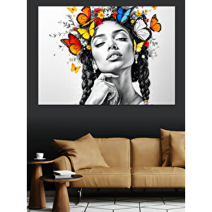 Çiçekli Siyah Beyaz Kadın Dekoratif Kanvas - Mdf Ahşap Tablo 35x50 cm