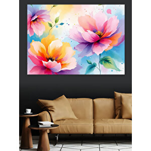Renkli Sulu Boya Çiçekler Dekoratif Kanvas - Mdf Ahşap Tablo 70x100 cm