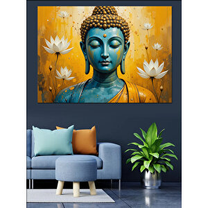 Lotus Çiçekli Mavi Buda Dekoratif Kanvas - Mdf Ahşap Tablo 100x140 cm