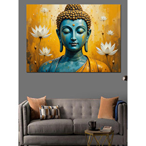 Lotus Çiçekli Mavi Buda Dekoratif Kanvas - Mdf Ahşap Tablo 100x140 cm