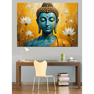Lotus Çiçekli Mavi Buda Dekoratif Kanvas - Mdf Ahşap Tablo 100x140 cm