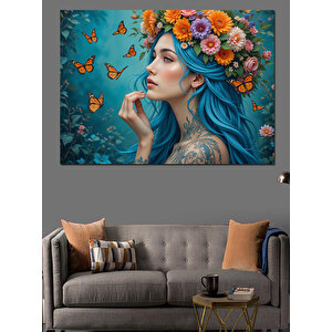 Çiçekli Saçlı Mavi Kadın Dekoratif Kanvas - Mdf Ahşap Tablo 50x70 cm