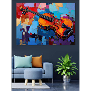 Renkli Desenli Keman Çizimi Dekoratif Kanvas - Mdf Ahşap Tablo 100x140 cm