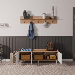 Rozbo 3 Kapaklı Askılı Portmanto - Ahşap Ton Kasa Beyaz Kapak - 150x35x55 Cm