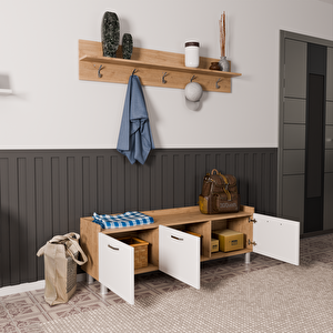 Rozbo 3 Kapaklı Askılı Portmanto - Ahşap Ton Kasa Beyaz Kapak - 150x35x55 Cm