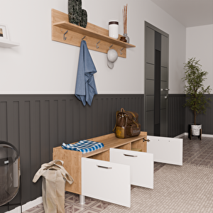 Rozbo 3 Kapaklı Askılı Portmanto - Ahşap Ton Kasa Beyaz Kapak - 150x35x55 Cm