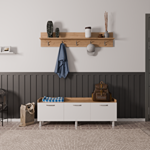 Rozbo 3 Kapaklı Askılı Portmanto - Ahşap Ton Kasa Beyaz Kapak - 150x35x55 Cm