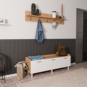 Rozbo 3 Kapaklı Askılı Portmanto - Ahşap Ton Kasa Beyaz Kapak - 150x35x55 Cm