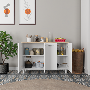 Mutfak Konsolu Beyaz Kasa Beyaz Kapak - Ahşap Üst Tezgahlı - 120x40x78 Cm