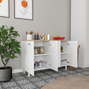 Mutfak Konsolu Beyaz Kasa Beyaz Kapak - Ahşap Üst Tezgahlı - 120x40x78 Cm