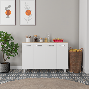 Mutfak Konsolu Beyaz Kasa Beyaz Kapak - Ahşap Üst Tezgahlı - 120x40x78 Cm