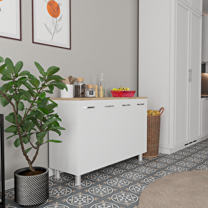 Mutfak Konsolu Beyaz Kasa Beyaz Kapak - Ahşap Üst Tezgahlı - 120x40x78 Cm