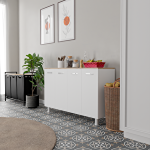 Mutfak Konsolu Beyaz Kasa Beyaz Kapak - Ahşap Üst Tezgahlı - 120x40x78 Cm