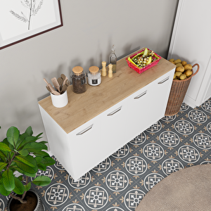 Mutfak Konsolu Beyaz Kasa Beyaz Kapak - Ahşap Üst Tezgahlı - 120x40x78 Cm