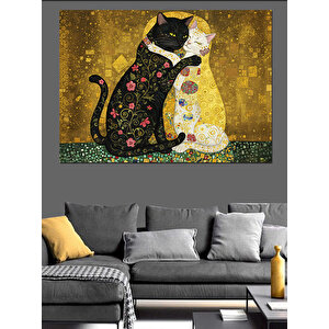 Desenli Siyah Kedi Dekoratif Kanvas - Mdf Ahşap Tablo 100x140 cm