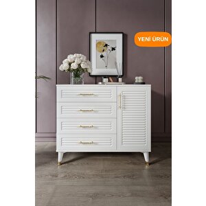 Panjurlu 4 Çekmeceli 1 Kapaklı Şifonyer – Modern Tasarım, Mdf Kapak, Beyaz Gold