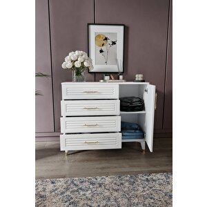 Panjurlu 4 Çekmeceli 1 Kapaklı Şifonyer – Modern Tasarım, Mdf Kapak, Beyaz Gold