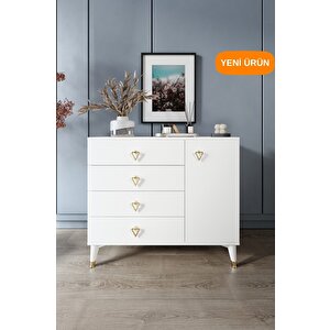 Simple 4 Çekmeceli 1 Kapaklı Modern Şifonyer Beyaz Gold
