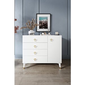 Simple 4 Çekmeceli 1 Kapaklı Modern Şifonyer Beyaz Gold