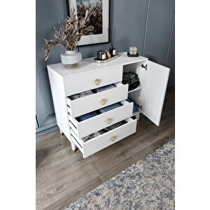 Simple 4 Çekmeceli 1 Kapaklı Modern Şifonyer Beyaz Gold
