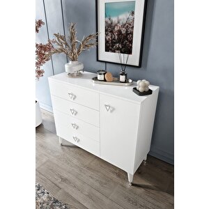 Simple 4 Çekmeceli 1 Kapaklı Modern Şifonyer Beyaz Gümüş