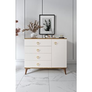 Simple 4 Çekmeceli 1 Kapaklı Modern Şifonyer Ekru Ceviz