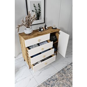 Simple 4 Çekmeceli 1 Kapaklı Modern Şifonyer Ekru Ceviz