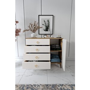 Simple 4 Çekmeceli 1 Kapaklı Modern Şifonyer Ekru Ceviz