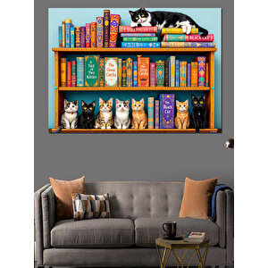 Kitaplıkta Sevimli Kediler Dekoratif Kanvas - Mdf Ahşap Tablo