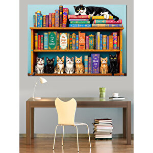 Kitaplıkta Sevimli Kediler Dekoratif Kanvas - Mdf Ahşap Tablo
